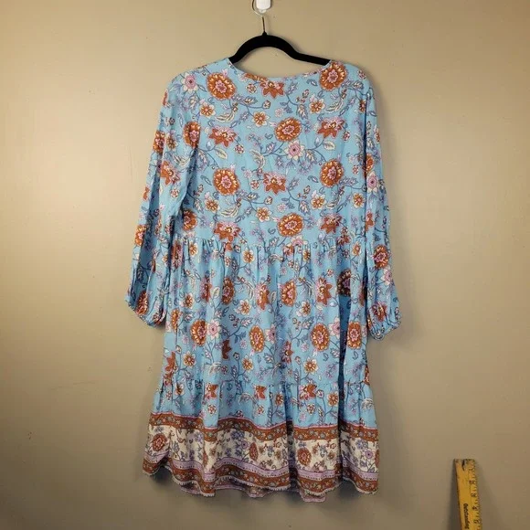 Boho Floral Mini Dress Womens M Blue Peasant Tassel Tie Tiered Babydoll Festival - Picture 9 of 9